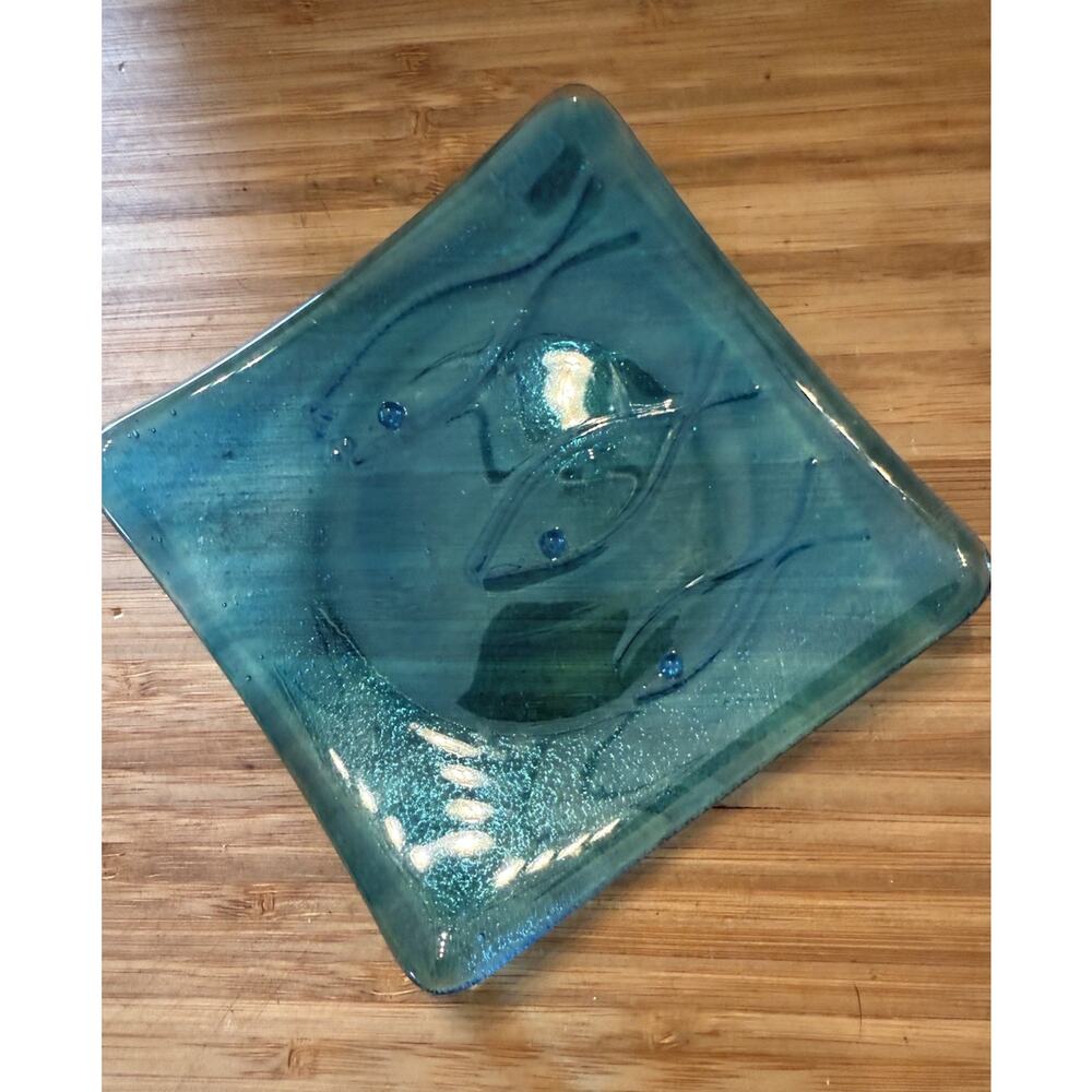 Blue Fused Glass Art Dish Fish Pattern Trinket Tray 4.5 X 4.5 Inches Unmarked